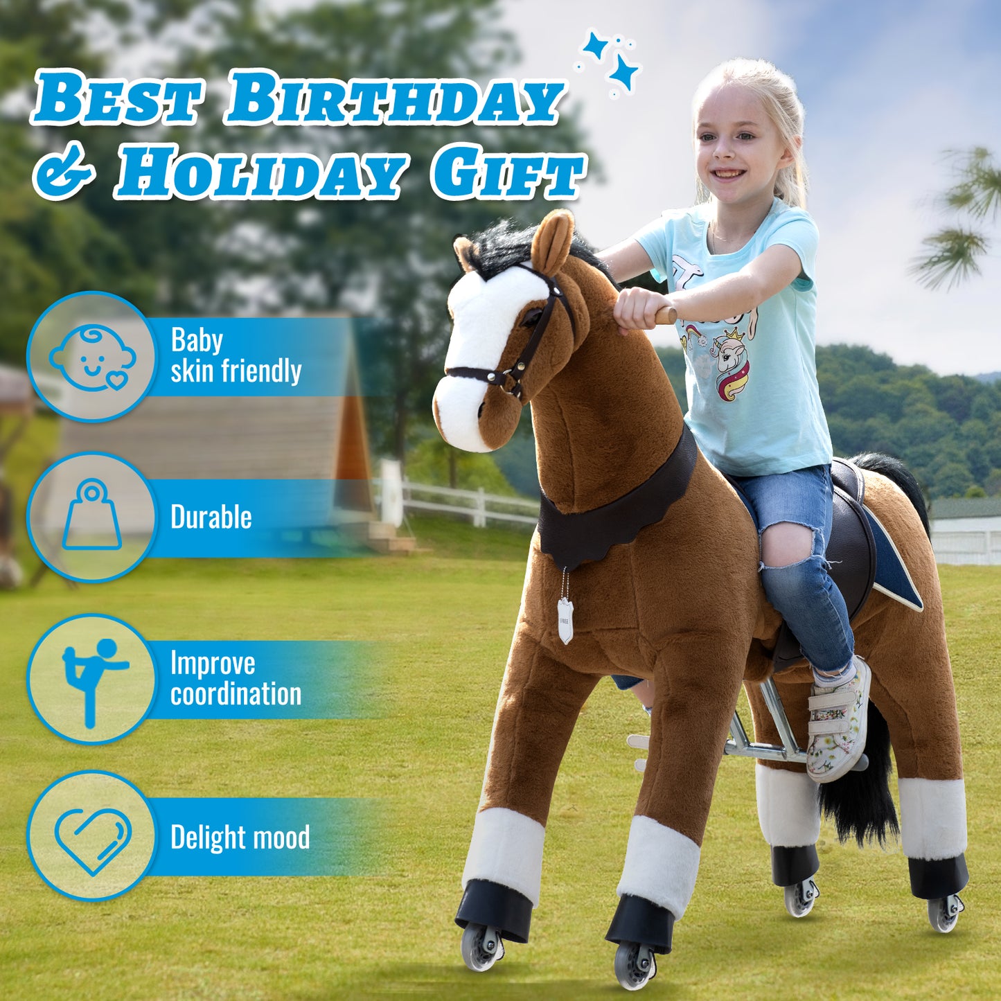 UFREE Ride on Horse, Horse Ride on Toy, Mechanical Horse, Plush Animal, Black Mane and Tail, 6 Years to Adult
