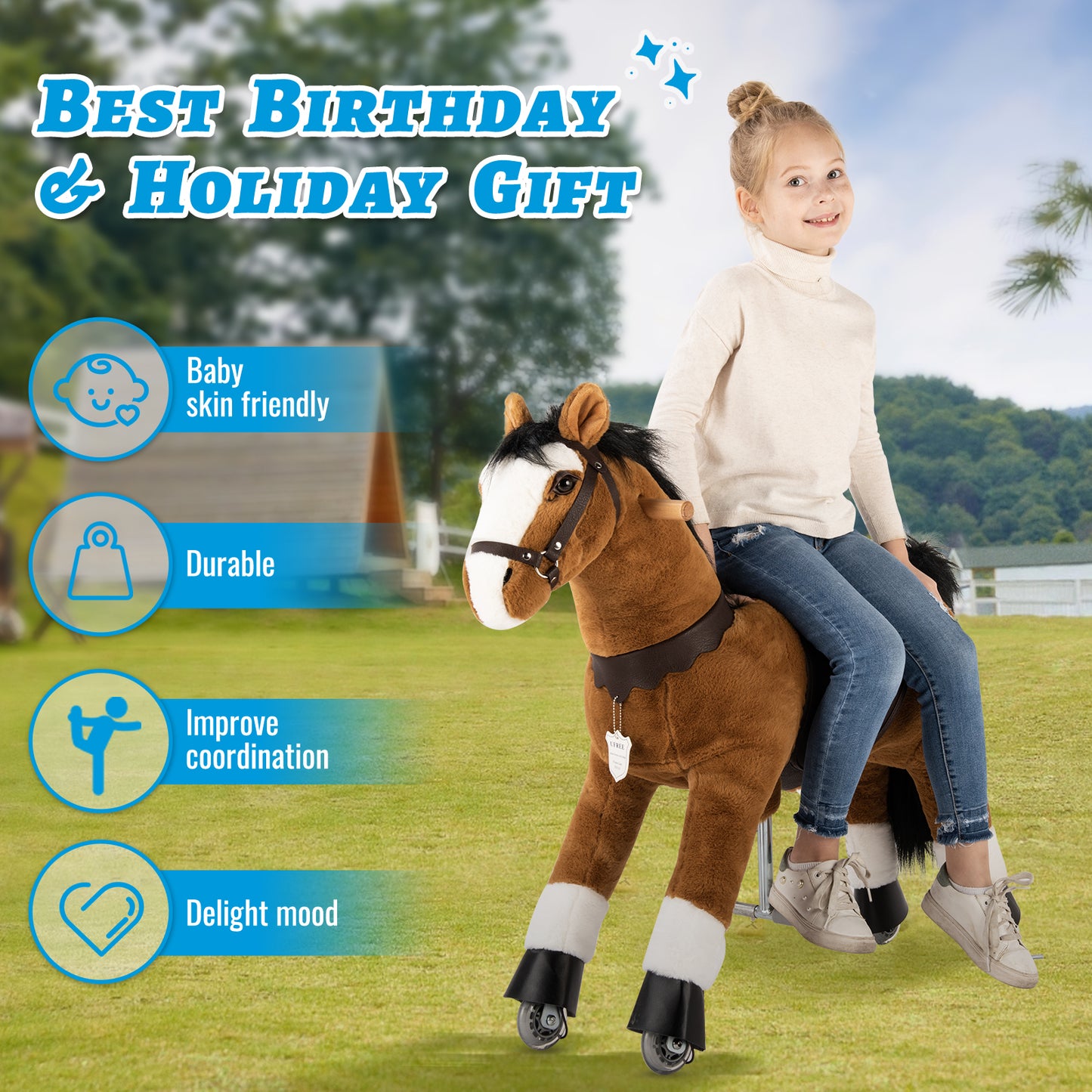 UFREE Ride on Horse, Horse Ride on Toy, Mechanical Horse, Plush Animal, Black Mane and Tail, Age 4-9
