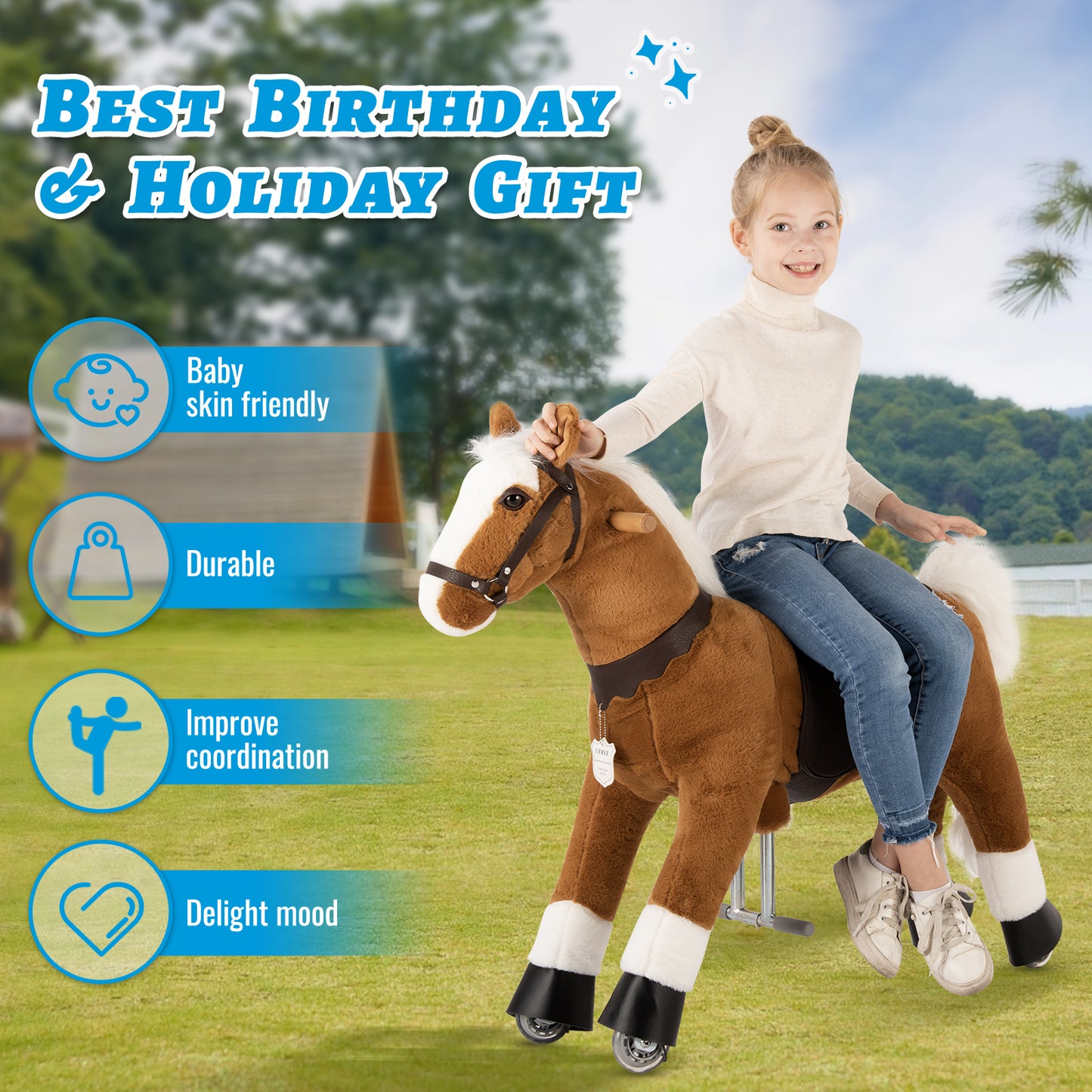 UFREE Riding Horse, Horse Riding Toy, Mechanical Horse, Plush Animal, White Mane and Tail, Age 4-9