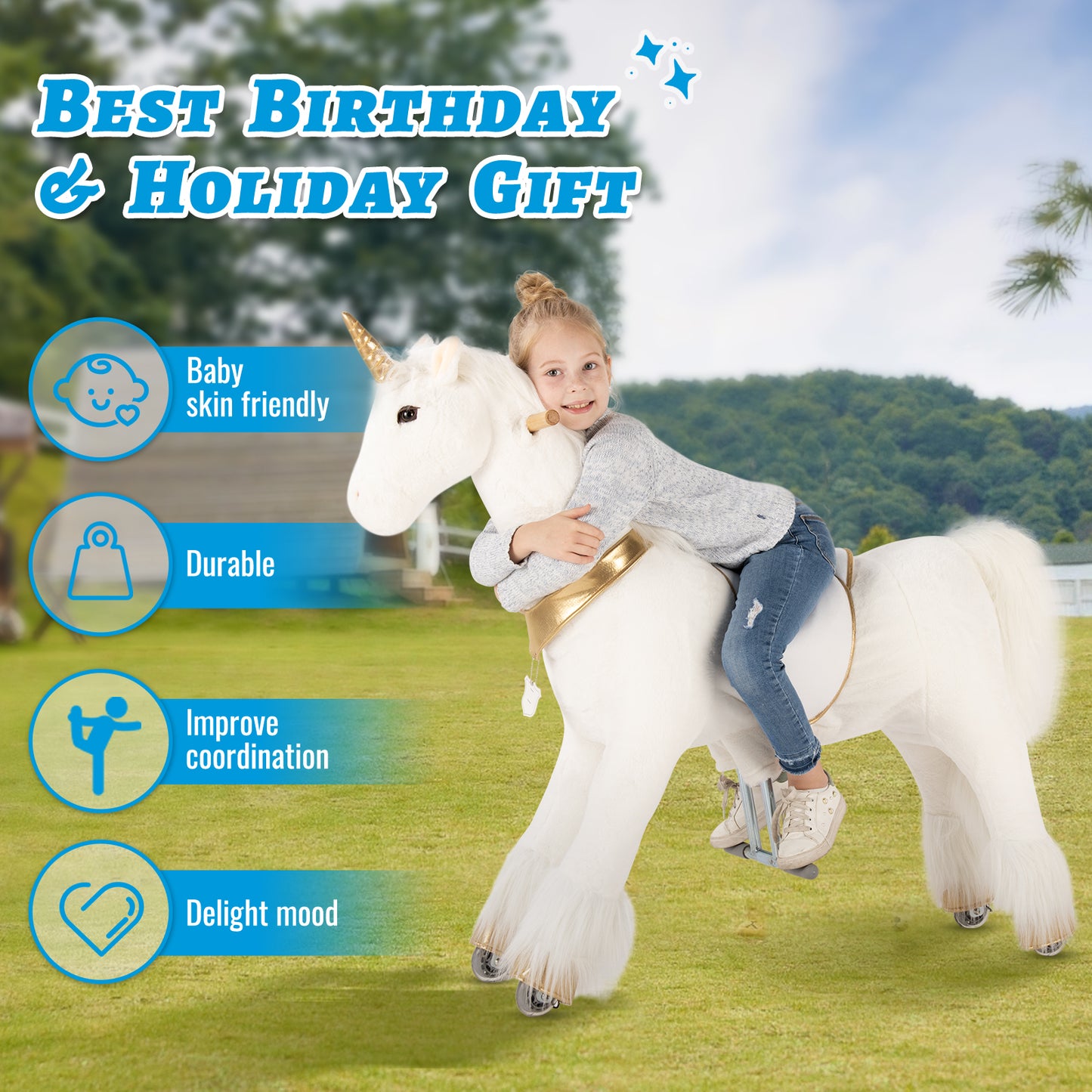 UFREE Ride on Unicorn, Unicorn Ride on Toy, Riding Unicorn, Plush Animal, Golden Unicorn for Kids, 6 Years to Adult