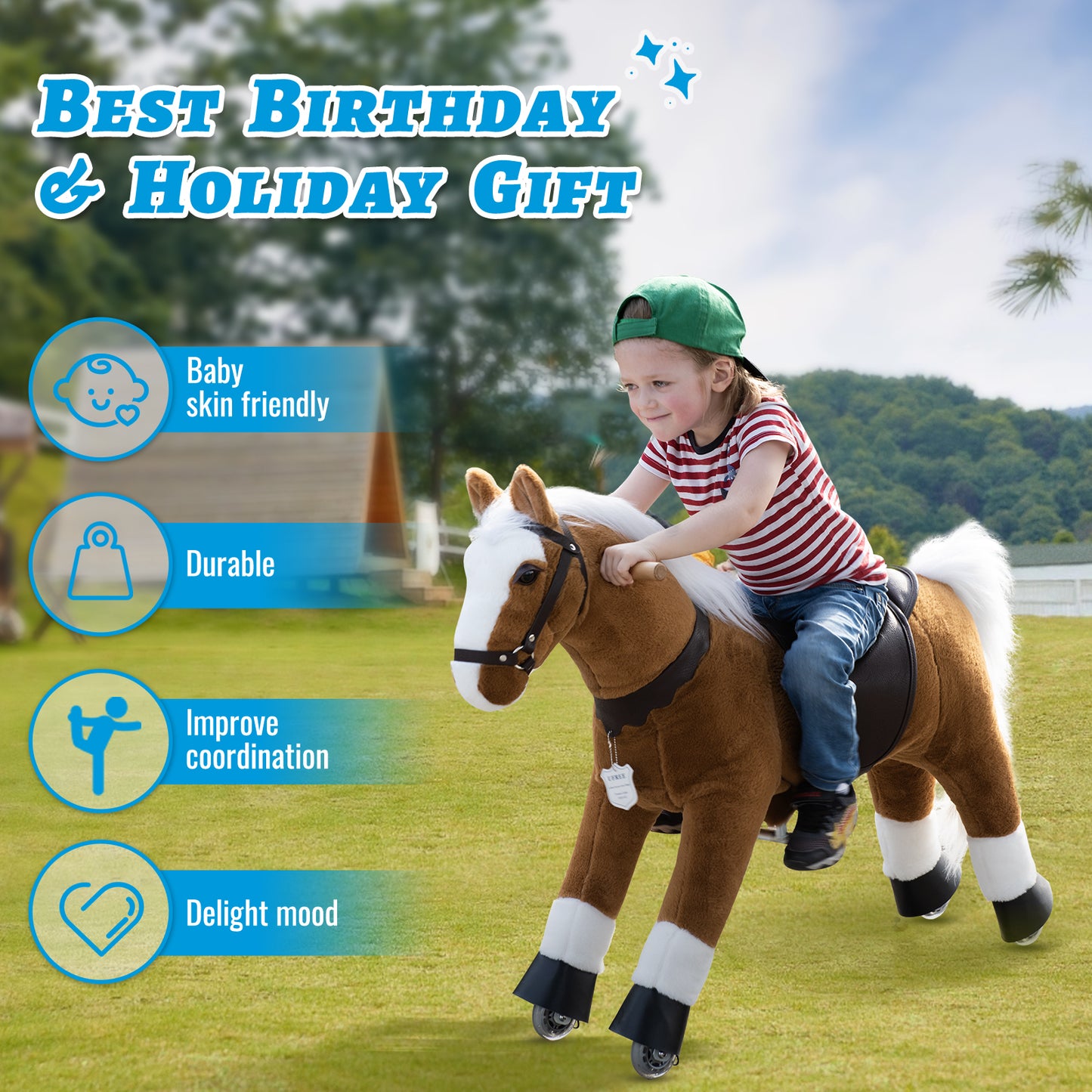 UFREE Riding Horse, Horse Riding Toy, Mechanical Horse, Plush Animal, White Mane and Tail, Age 3-6