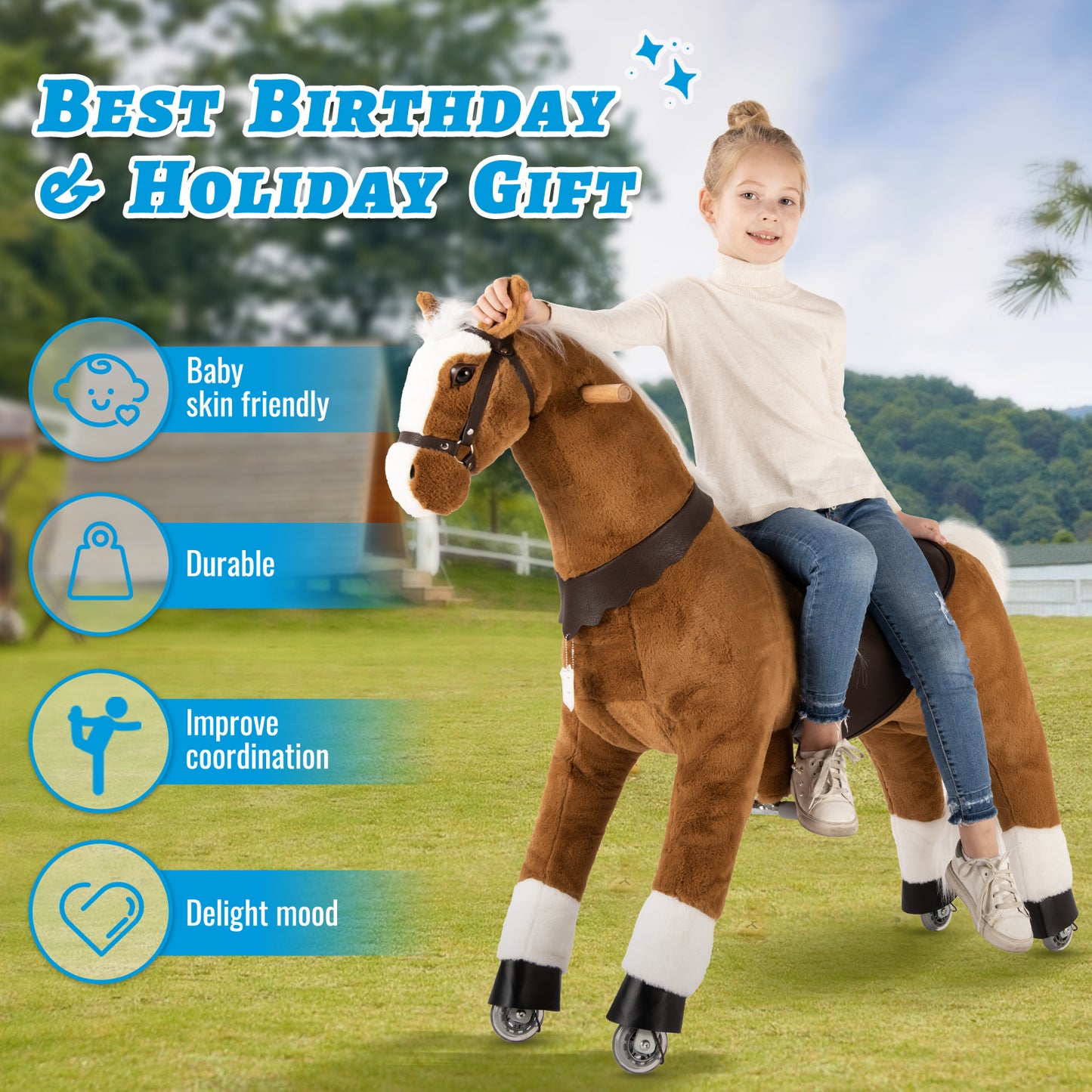 UFREE Riding Horse, Horse Riding Toy, Mechanical Horse, Plush Animal, White Mane and Tail, 6 Years to Adult