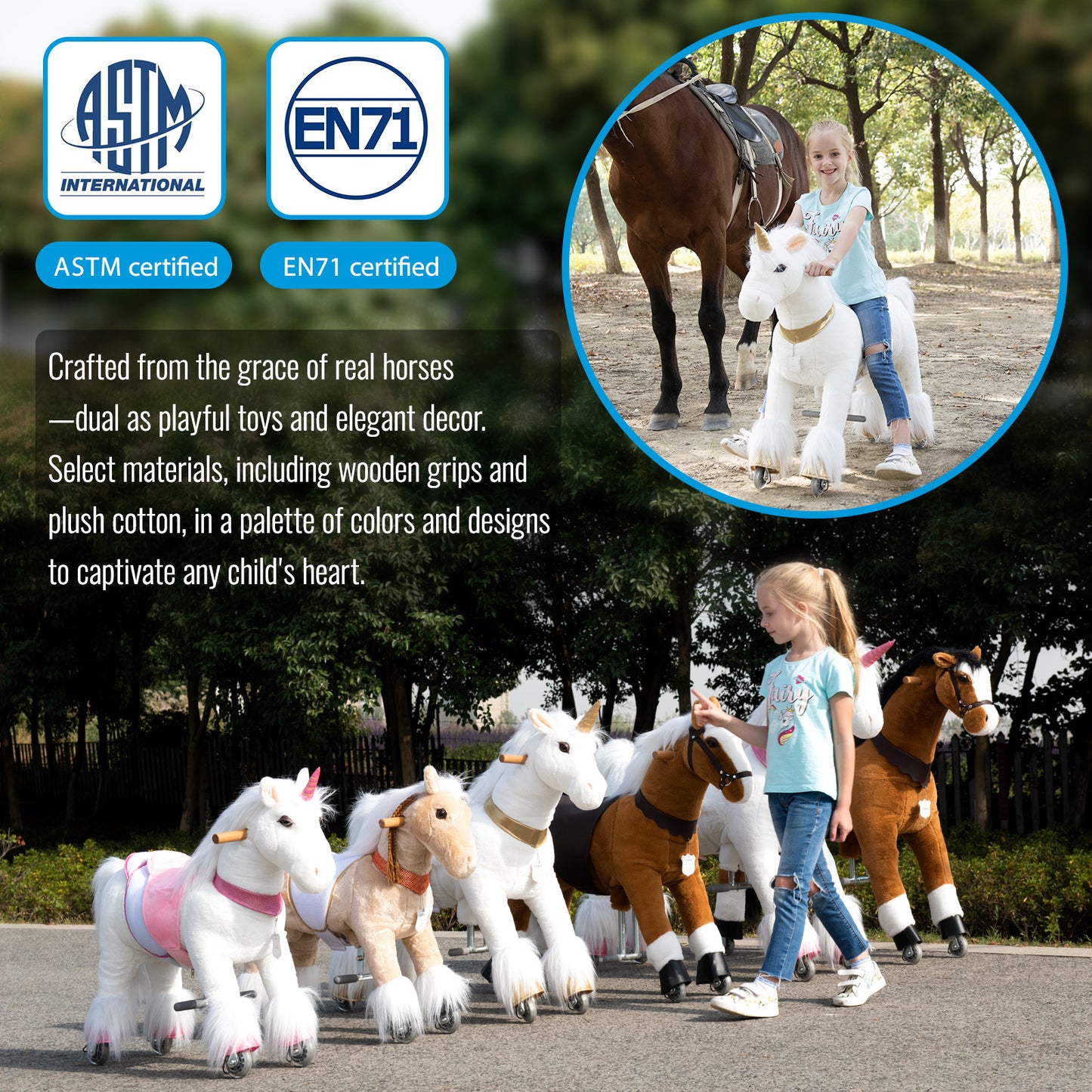 UFREE Riding Horse, Horse Riding Toy, Mechanical Horse, Plush Animal, White Mane and Tail, 6 Years to Adult