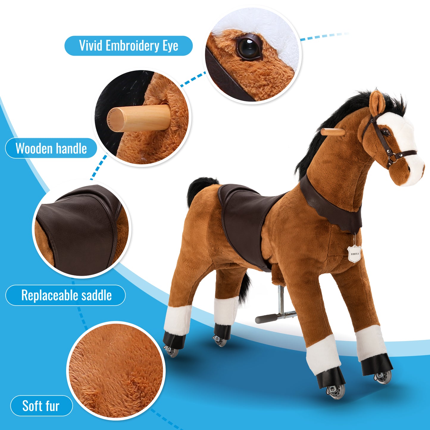 UFREE Ride on Horse, Horse Ride on Toy, Mechanical Horse, Plush Animal, Black Mane and Tail, 6 Years to Adult