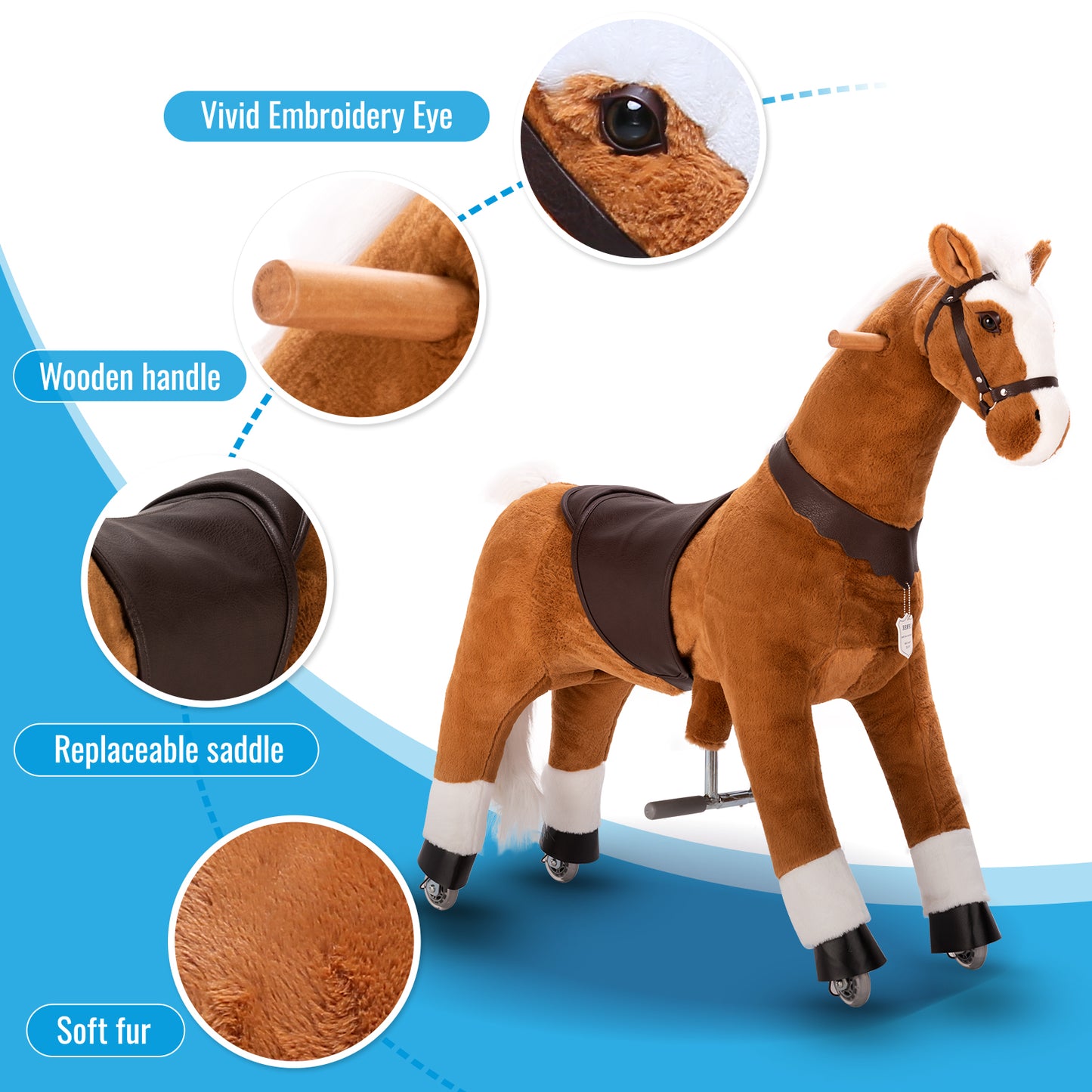 UFREE Riding Horse, Horse Riding Toy, Mechanical Horse, Plush Animal, White Mane and Tail, Age 4-9