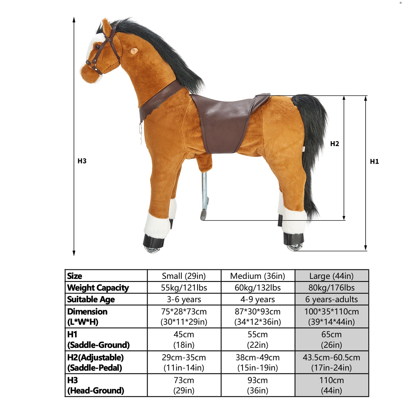 UFREE Ride on Horse, Horse Ride on Toy, Mechanical Horse, Plush Animal, Black Mane and Tail, 6 Years to Adult