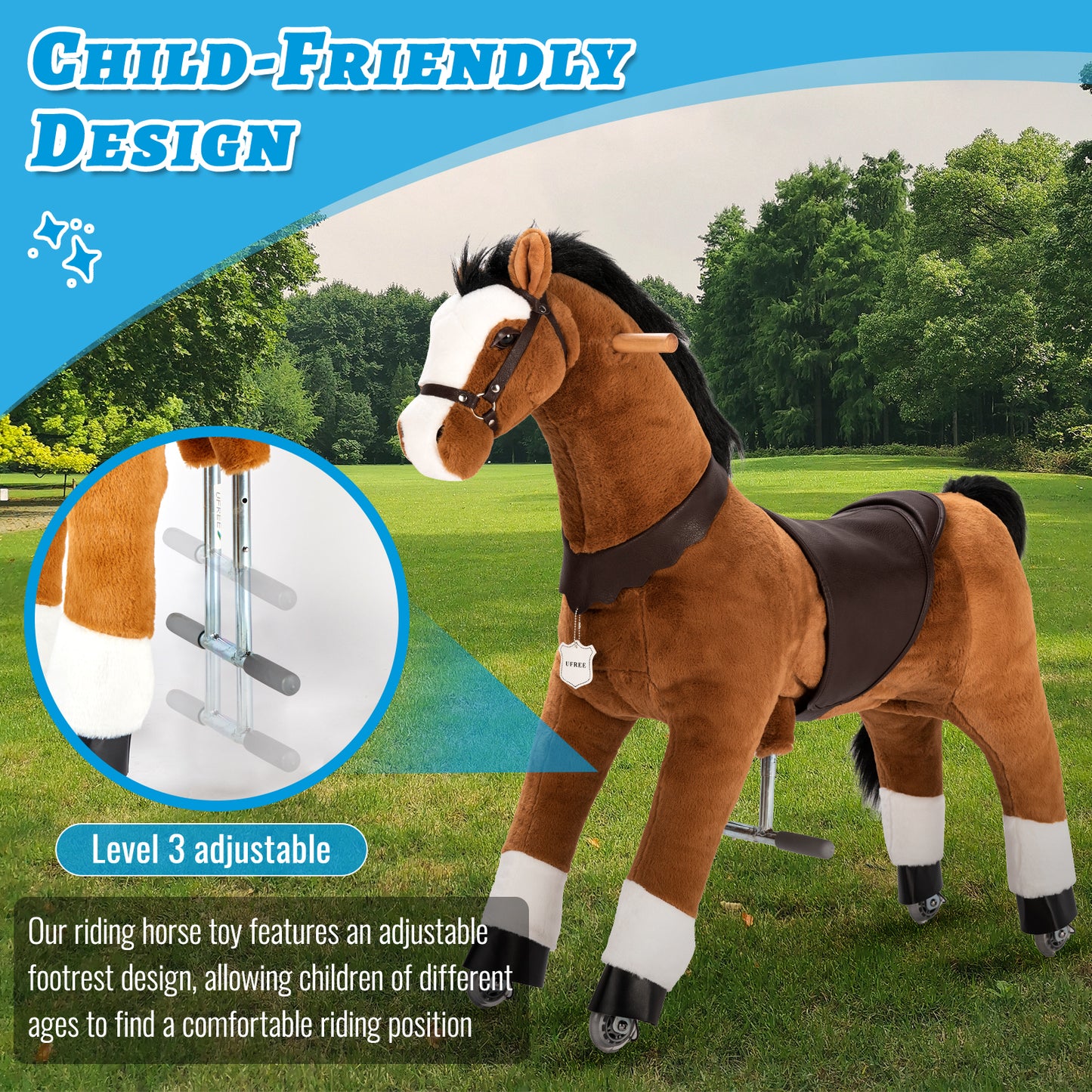 UFREE Ride on Horse, Horse Ride on Toy, Mechanical Horse, Plush Animal, Black Mane and Tail, 6 Years to Adult