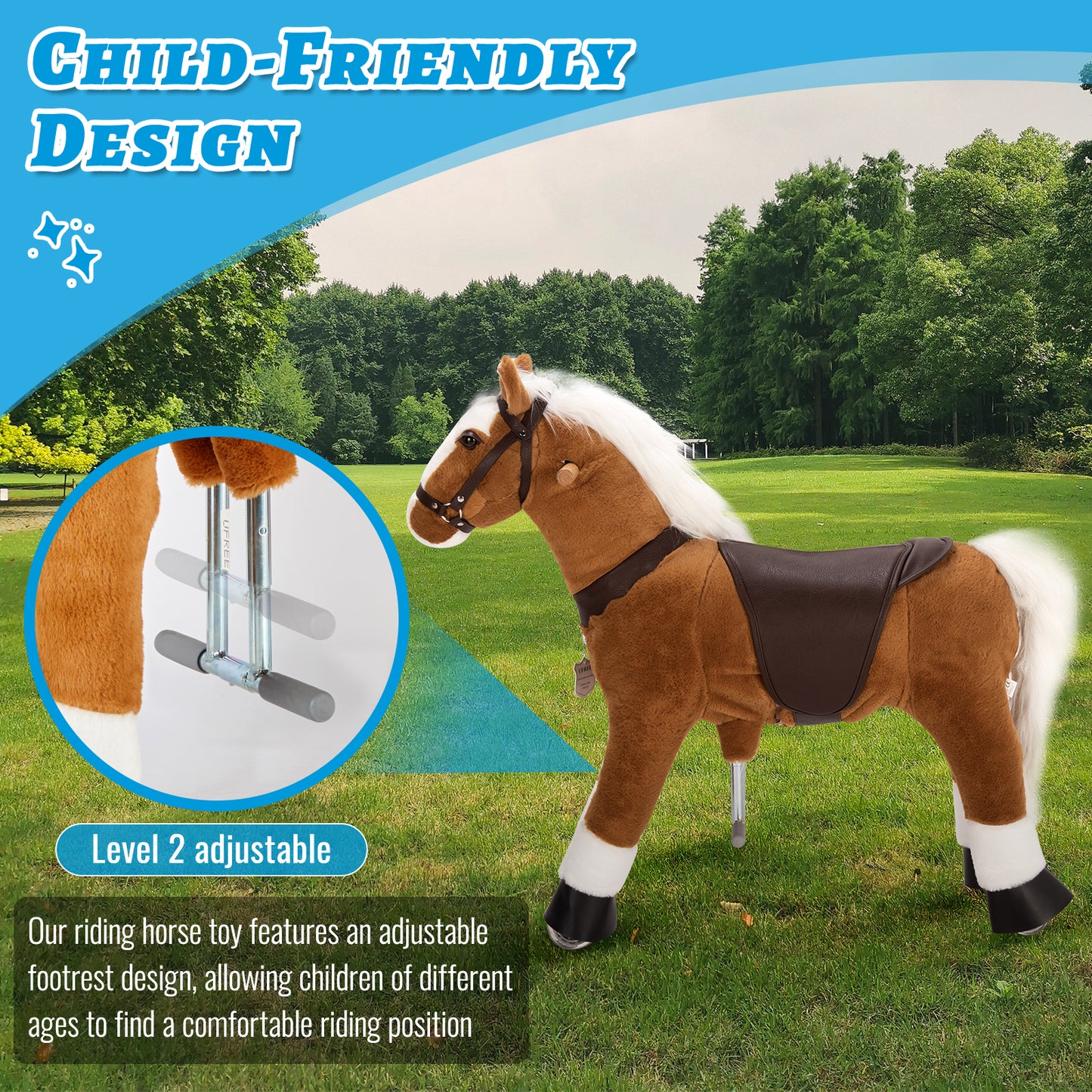 UFREE Riding Horse, Horse Riding Toy, Mechanical Horse, Plush Animal, White Mane and Tail, Age 3-6