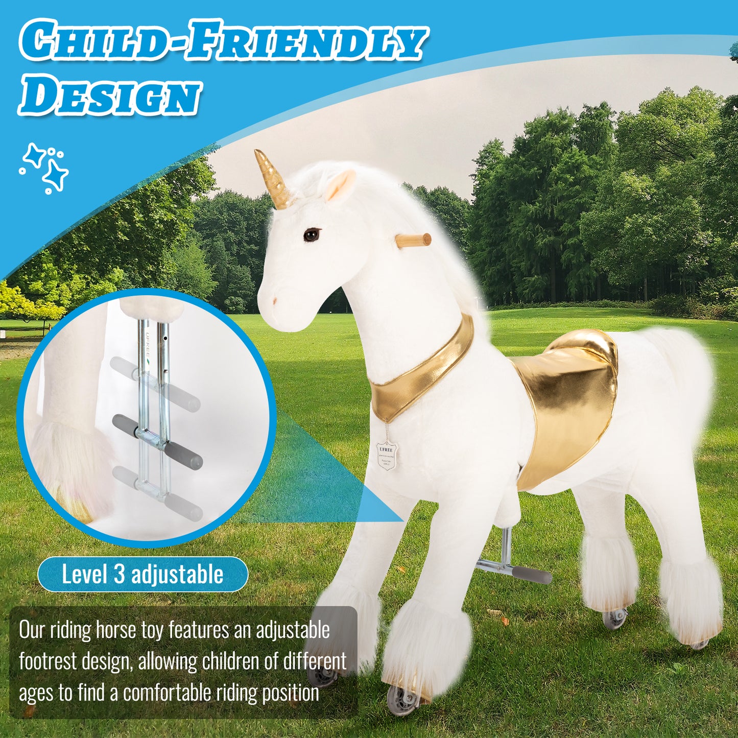 UFREE Ride on Unicorn Toy, Riding Plush Walking Unicorn for Girls, Birthday Gift for Children 4 to 9 Years Old