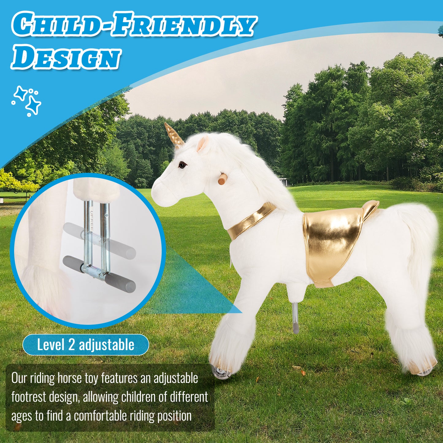 UFREE Riding Unicorn, Unicorn Ride on Toy Riding Unicorn Plush Animal, Golden Unicorn for Kids Ages 3-6