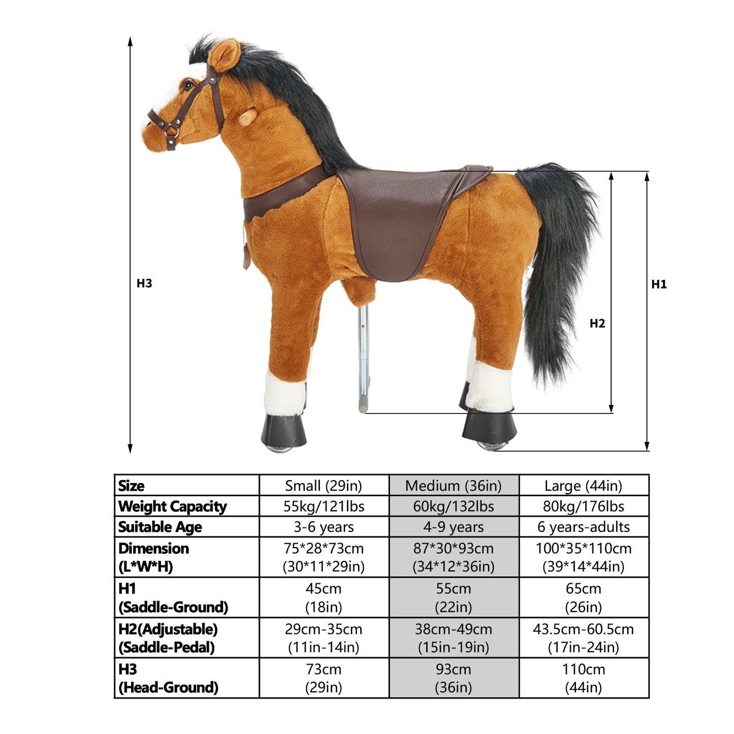 UFREE Ride on Horse, Horse Ride on Toy, Mechanical Horse, Plush Animal, Black Mane and Tail, Age 4-9